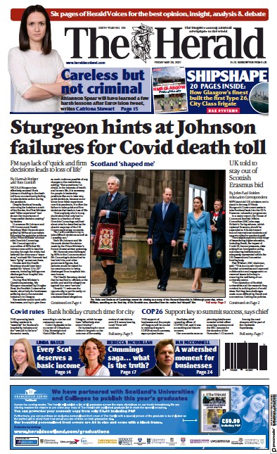 The Herald Newspaper Front Page (UK) for 28 May 2021