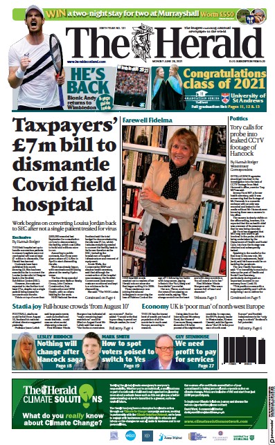 The Herald Newspaper Front Page (UK) for 28 June 2021