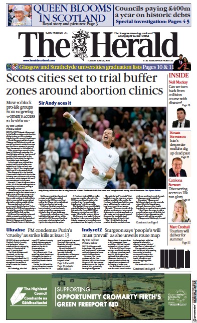 The Herald Newspaper Front Page (UK) for 28 June 2022