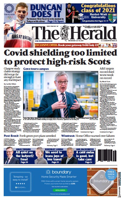 The Herald Newspaper Front Page (UK) for 28 July 2021