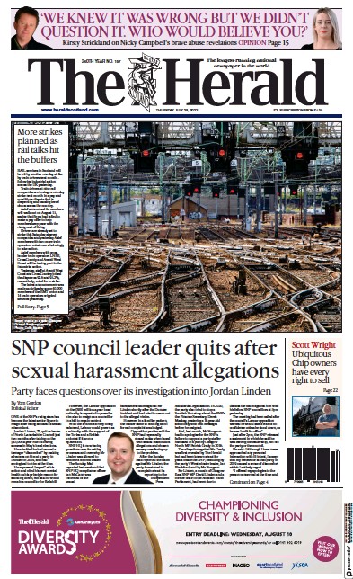 The Herald Newspaper Front Page (UK) for 28 July 2022
