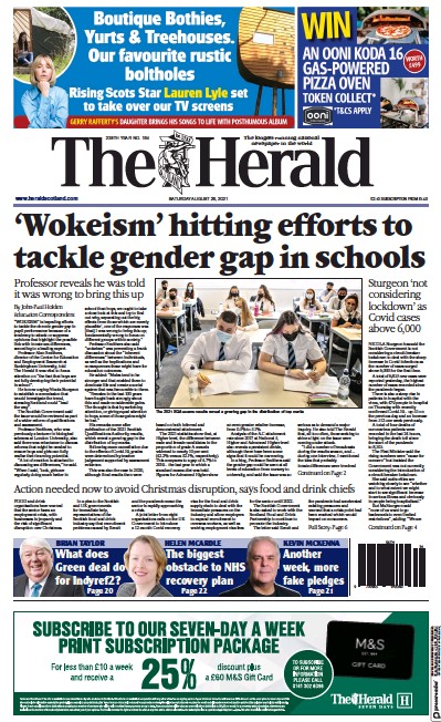 The Herald Newspaper Front Page (UK) for 28 August 2021