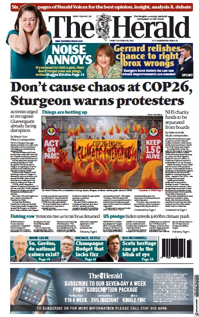 The Herald Newspaper Front Page (UK) for 29 October 2021