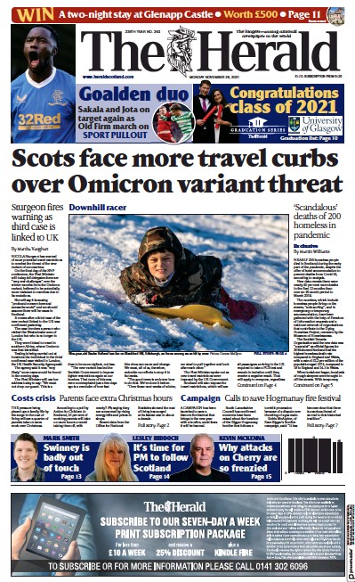 The Herald Newspaper Front Page (UK) for 29 November 2021