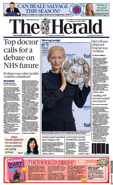The Herald Newspaper Front Page (UK) for 29 November 2022