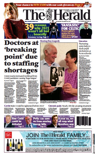 The Herald Newspaper Front Page (UK) for 29 December 2021