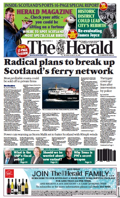 The Herald Newspaper Front Page (UK) for 29 January 2022