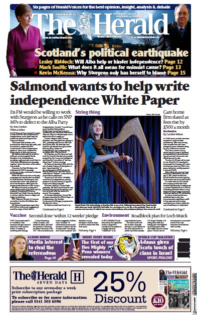 The Herald Newspaper Front Page (UK) for 29 March 2021