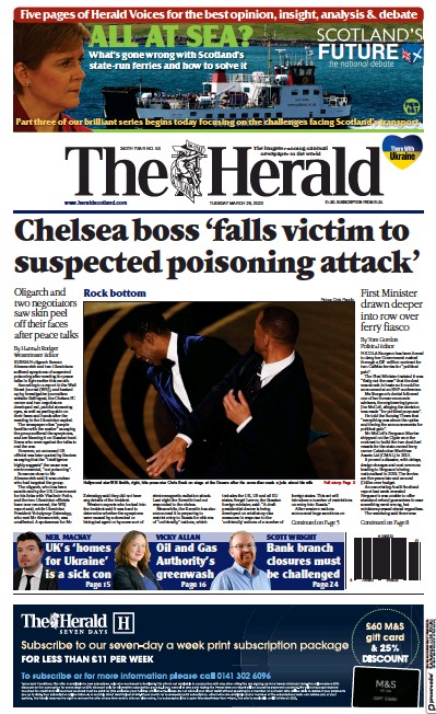 The Herald Newspaper Front Page (UK) for 29 March 2022