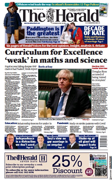 The Herald Newspaper Front Page (UK) for 29 April 2021