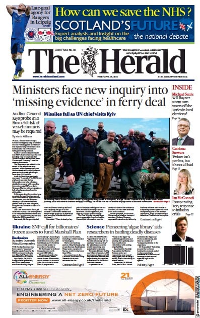 The Herald Newspaper Front Page (UK) for 29 April 2022
