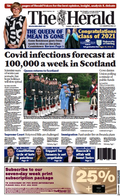 The Herald Newspaper Front Page (UK) for 29 June 2021
