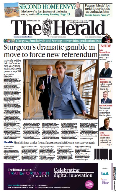 The Herald Newspaper Front Page (UK) for 29 June 2022