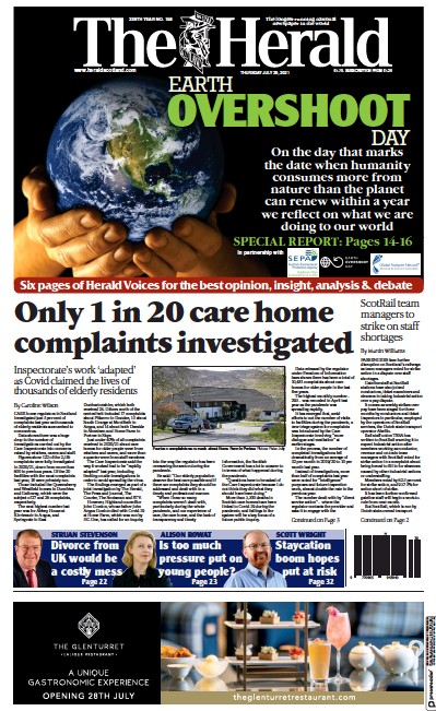The Herald Newspaper Front Page (UK) for 29 July 2021