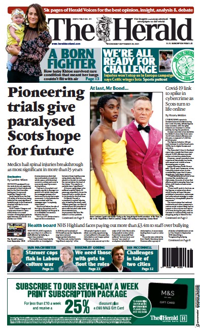 The Herald Newspaper Front Page (UK) for 29 September 2021