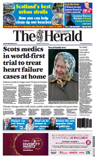 The Herald Newspaper Front Page (UK) for 2 October 2021