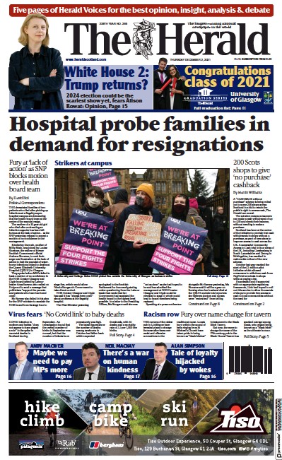 The Herald Newspaper Front Page (UK) for 2 December 2021