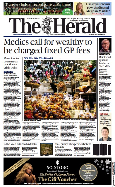 The Herald Newspaper Front Page (UK) for 2 December 2022