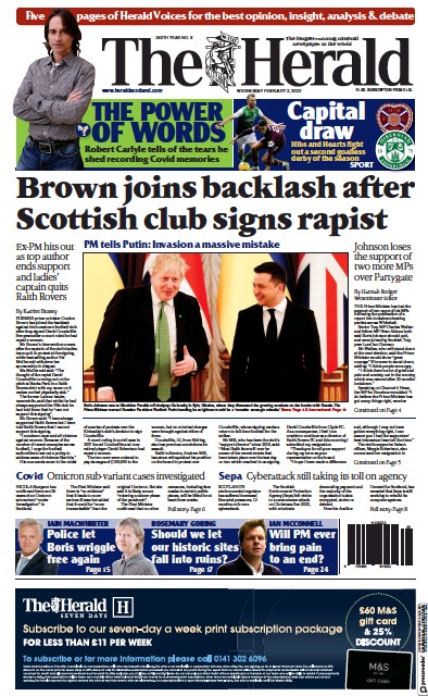 The Herald Newspaper Front Page (UK) for 2 February 2022