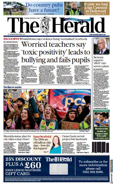 The Herald Newspaper Front Page (UK) for 2 February 2023