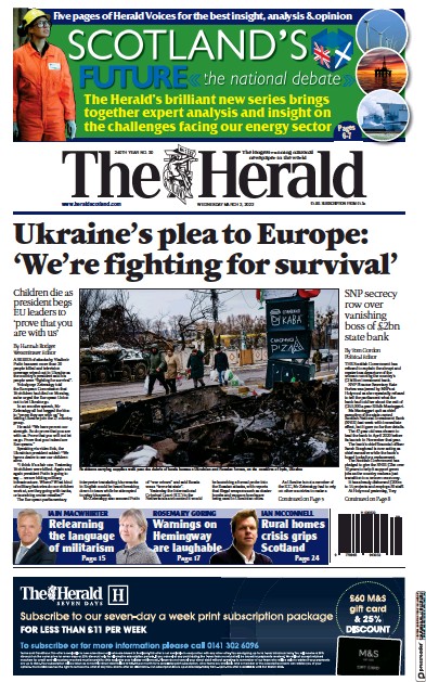The Herald Newspaper Front Page (UK) for 2 March 2022