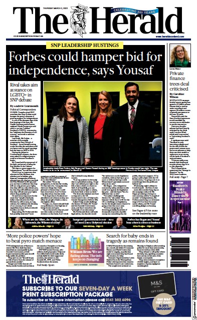 The Herald Newspaper Front Page (UK) for 2 March 2023