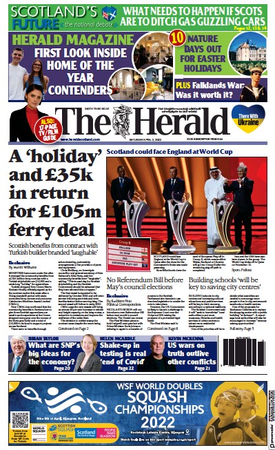 The Herald Newspaper Front Page (UK) for 2 April 2022