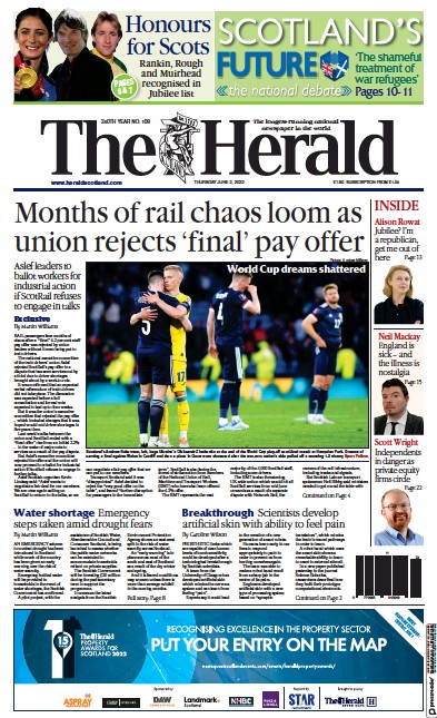 The Herald Newspaper Front Page (UK) for 2 June 2022