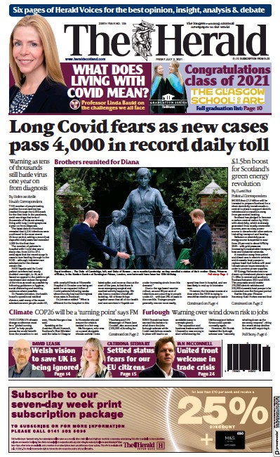 The Herald Newspaper Front Page (UK) for 2 July 2021