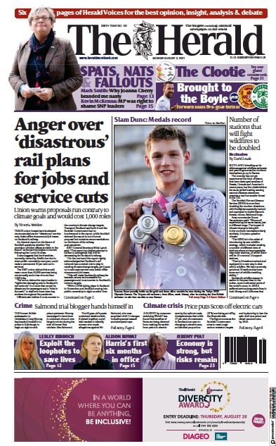 The Herald Newspaper Front Page (UK) for 2 August 2021