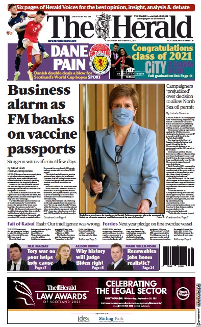 The Herald Newspaper Front Page (UK) for 2 September 2021