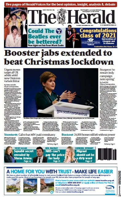The Herald Newspaper Front Page (UK) for 30 November 2021