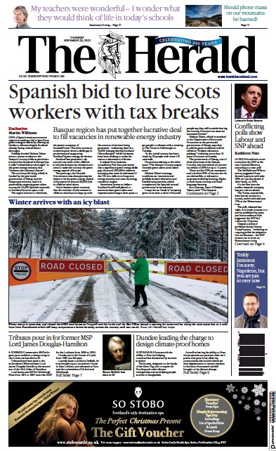 The Herald Newspaper Front Page (UK) for 30 November 2023