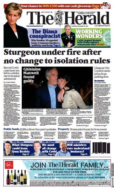 The Herald Newspaper Front Page (UK) for 30 December 2021