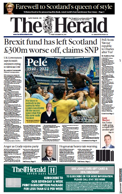 The Herald Newspaper Front Page (UK) for 30 December 2022