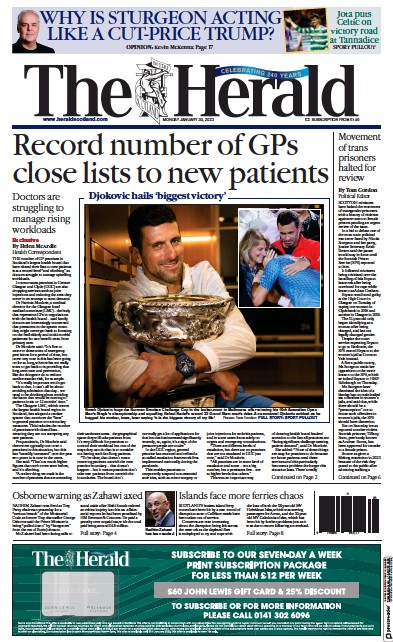 The Herald Newspaper Front Page (UK) for 30 January 2023