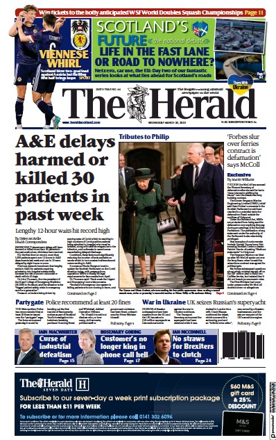 The Herald Newspaper Front Page (UK) for 30 March 2022