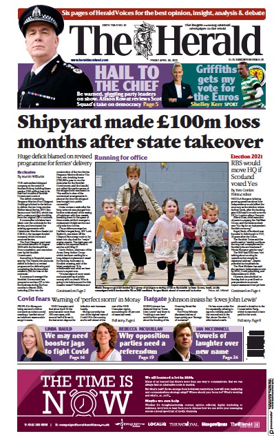 The Herald Newspaper Front Page (UK) for 30 April 2021