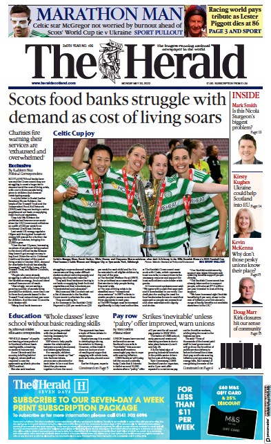 The Herald Newspaper Front Page (UK) for 30 May 2022