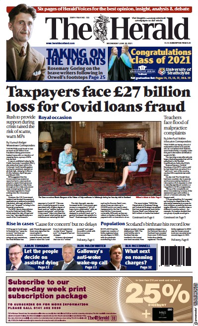 The Herald Newspaper Front Page (UK) for 30 June 2021