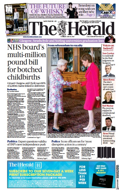 The Herald Newspaper Front Page (UK) for 30 June 2022