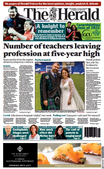 The Herald Newspaper Front Page (UK) for 30 July 2021