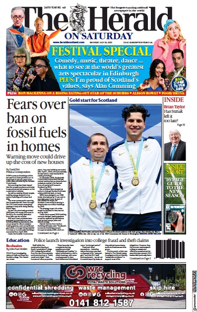 The Herald Newspaper Front Page (UK) for 30 July 2022