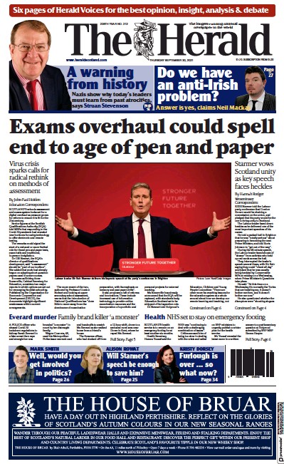 The Herald Newspaper Front Page (UK) for 30 September 2021