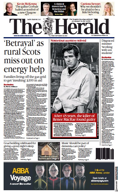 The Herald Newspaper Front Page (UK) for 30 September 2022