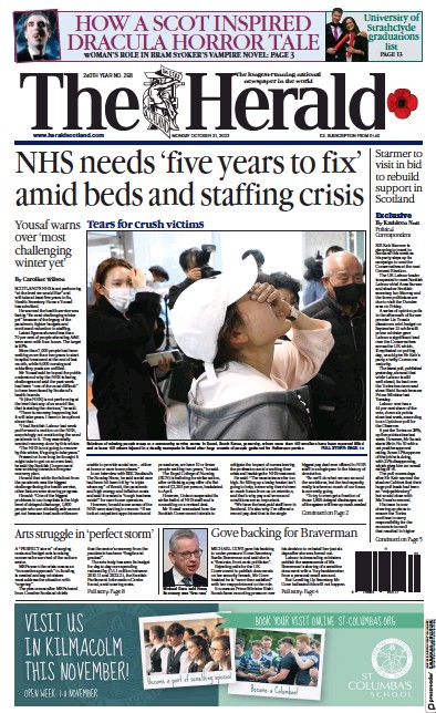 The Herald Newspaper Front Page (UK) for 31 October 2022
