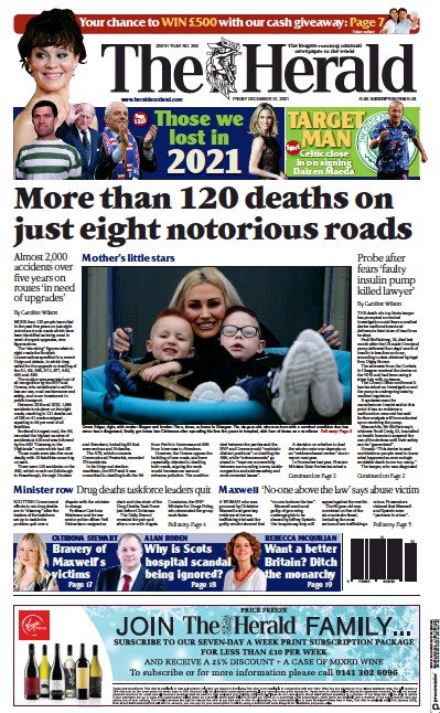 The Herald Newspaper Front Page (UK) for 31 December 2021