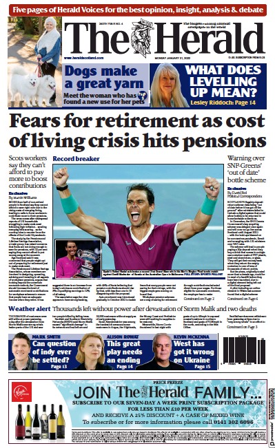 The Herald Newspaper Front Page (UK) for 31 January 2022