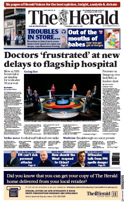 The Herald Newspaper Front Page (UK) for 31 March 2021