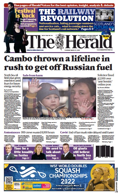 The Herald Newspaper Front Page (UK) for 31 March 2022